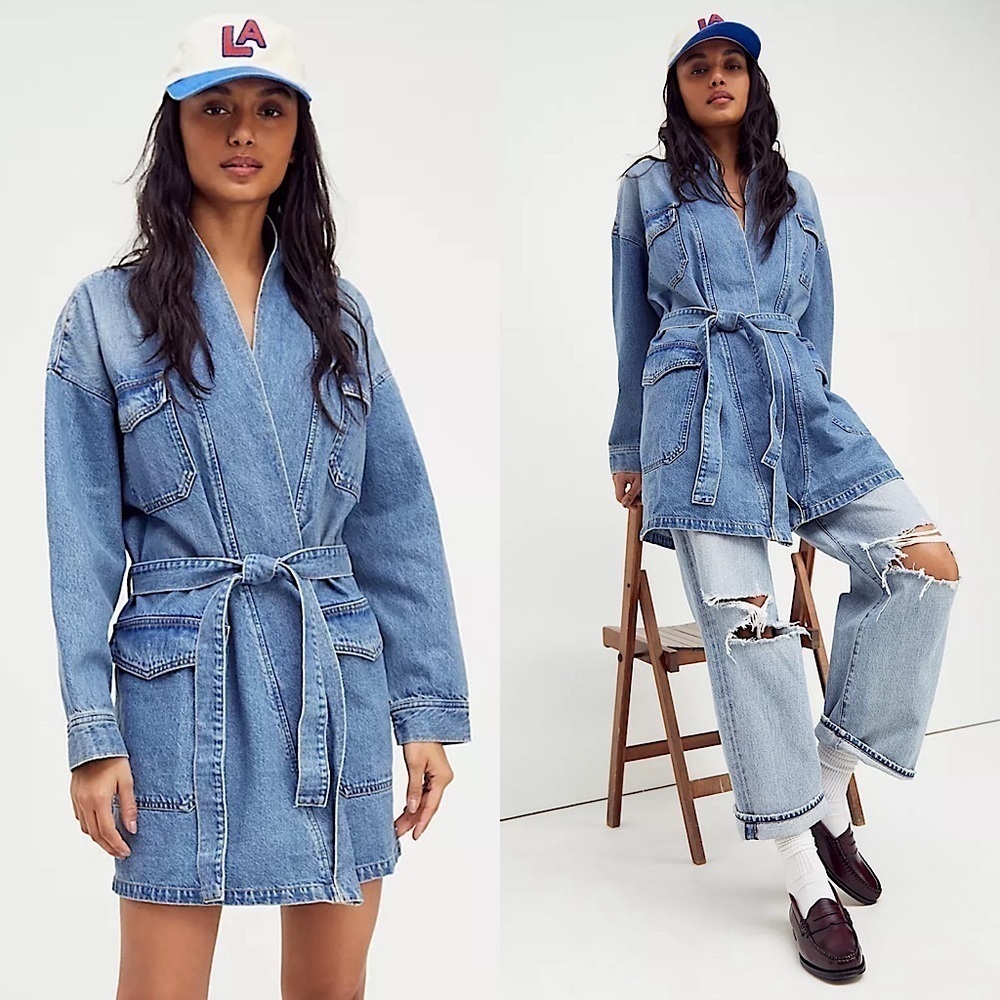 NWT FREE PEOPLE X BOYISH Y2K Denim Kimono Wrap Belt Waist Jean Jacket Dress S